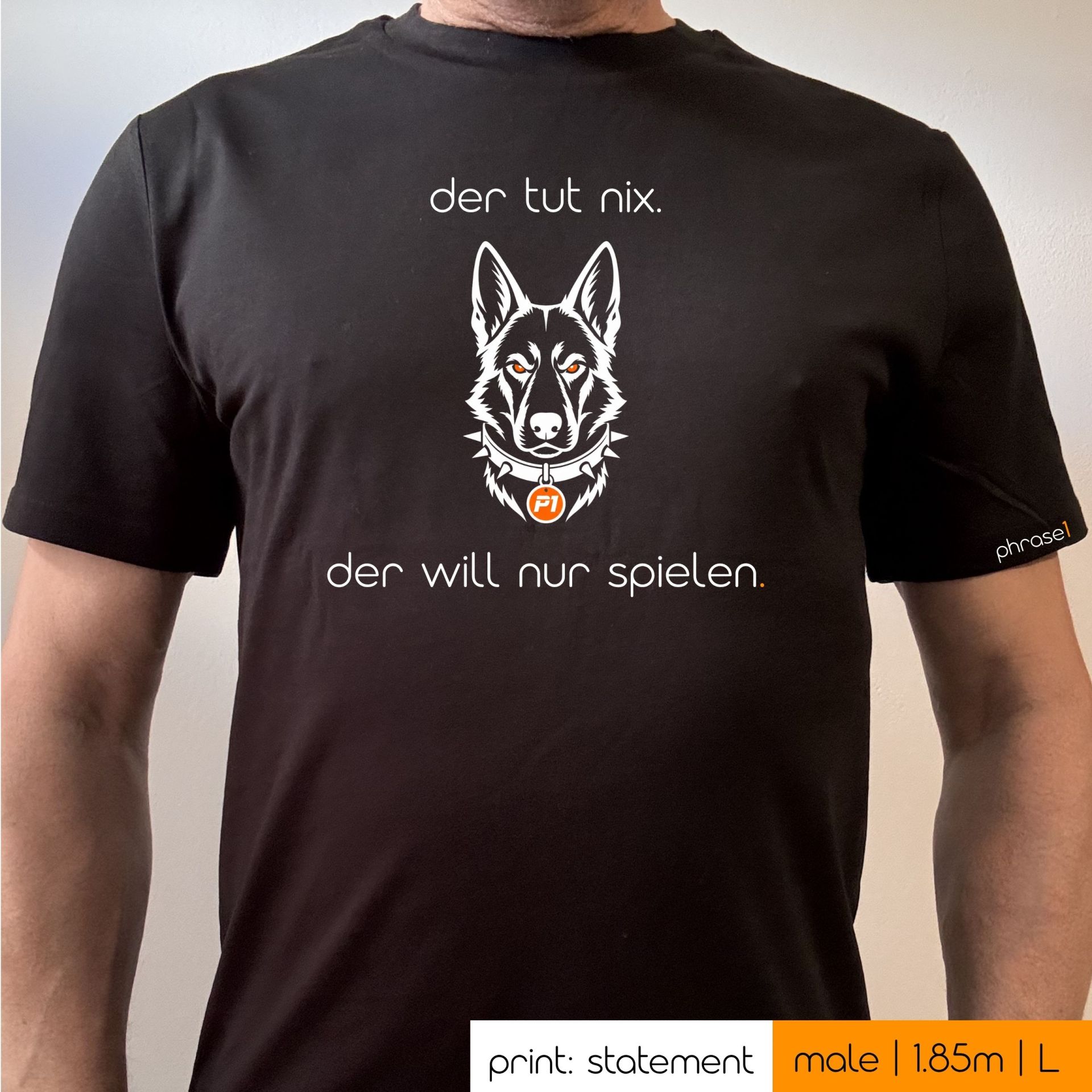 Premium T-Shirt mit Visual Schäferhund und Spruch „der tut nix. der will nur spielen.“ 